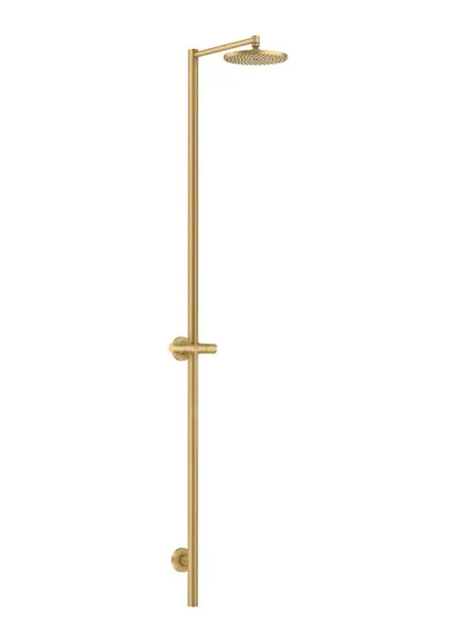 Duschsäule in Brushed Gold Optik von AXOR mit Kopfbrause. Die Struktur ist vertikal. Handbrause ist nicht vorhanden.